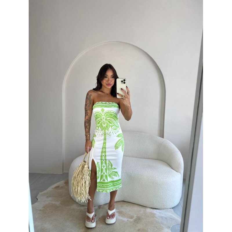 Vestido Feminino Estampado Luxo Tomara Que Caia Com Fenda Mídi Ribana Tubinho