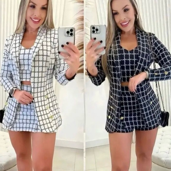 Conjunto Femenino  Blazer  Chort ,Saia e Cropped 3 Peças