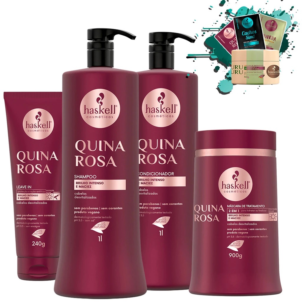 Shampoo Condicionador 1L Máscara 900gr + Leave in 240gr Quina Rosa Haskell