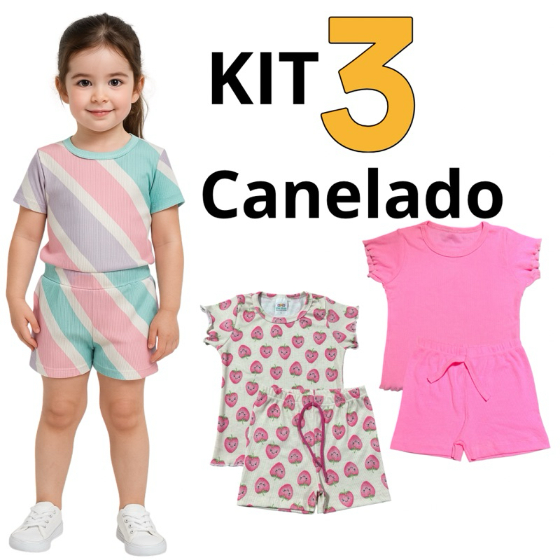 Kit 3 Conjuntos Verão Em Ribana Canelada Infantil Menina 2 a 8 Anos (C.V.) em Oferta na Shopee