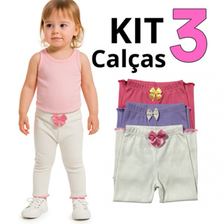 KIT 3 Calças Infantil Canelada Algodão Menina 1 a 3 Anos Fru-fru e Laço (0071) em Oferta na Shopee