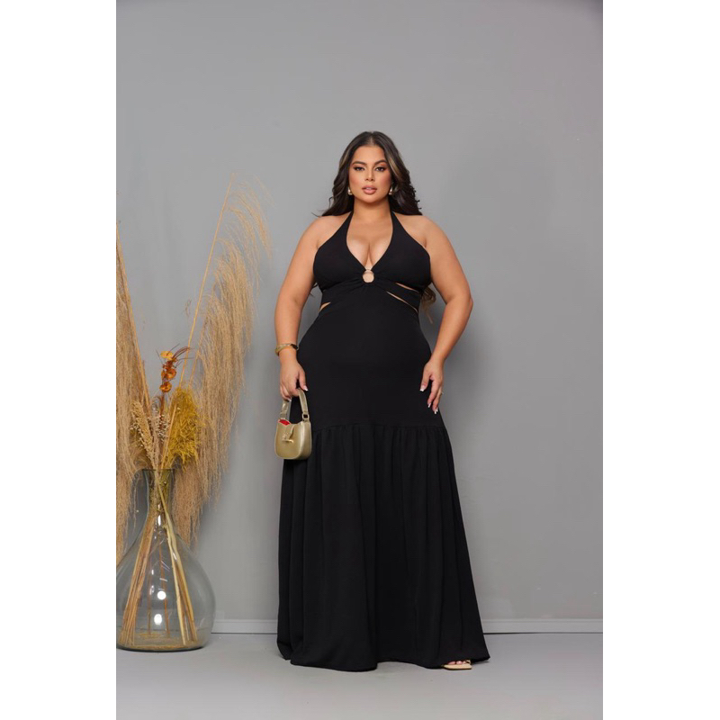 Vestido feminino longo,vestido  vestido forrados decote de argola vestido decotado