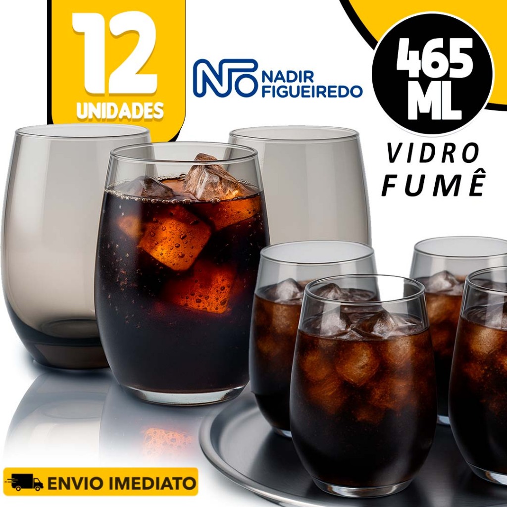 KIT 12 Copos Aruba Long Drink Cinza 465ml Vidro Temperado Multiuso coquetéis Drink Gourmet