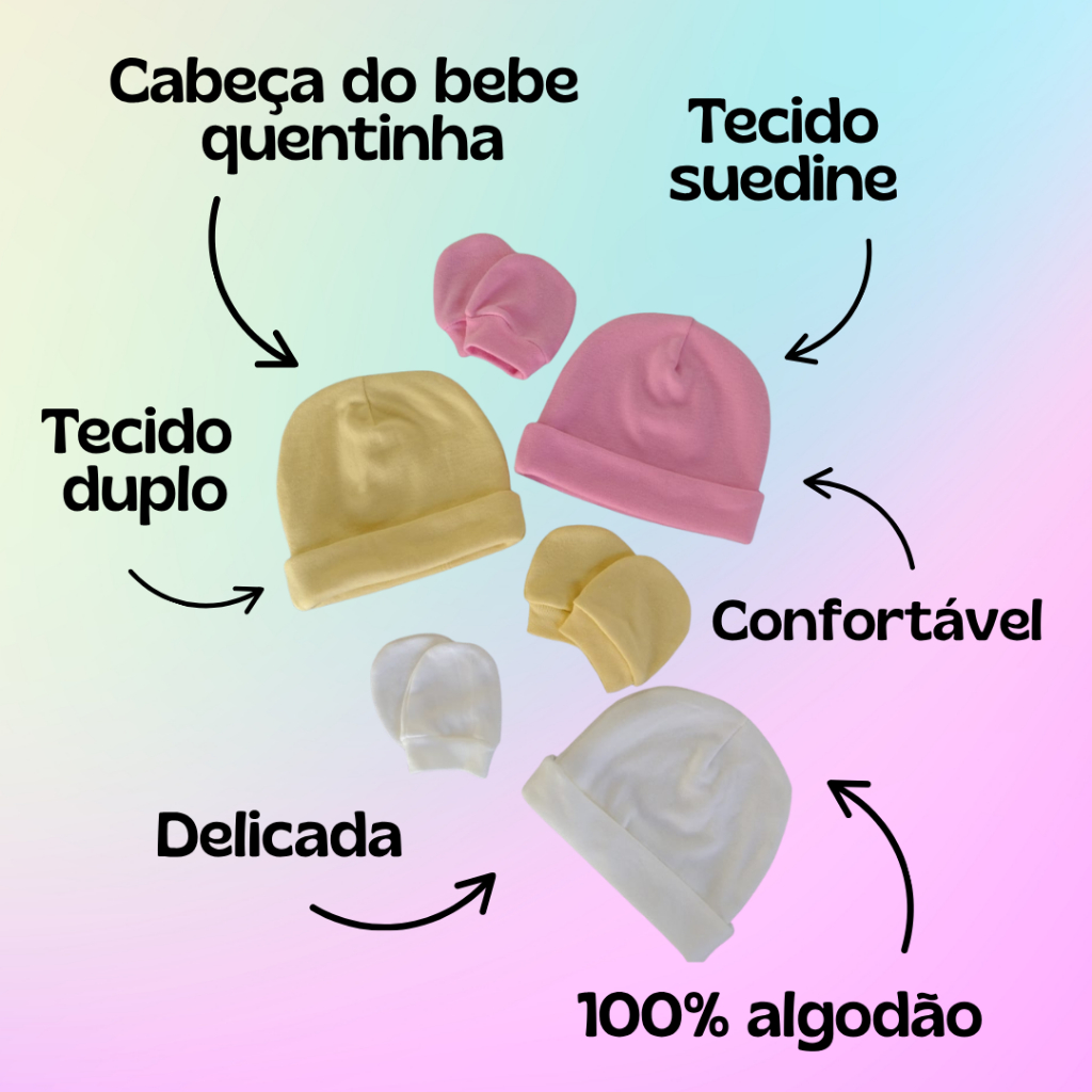Kit 3 Toucas e 3 Pares de Luvas Para Recém Nascido Maternidade Menino e Menina Varias Cores