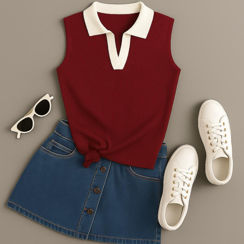 Regata Feminina polo bicolor Canelada Algodão  Moda gringa  com gola elegante