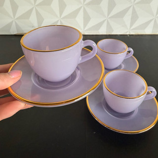 Jogo de xícara de café de vidro lilás fio de ouro xicaras e Pires kit conjunto de xicara cantinho roxa borda dourada