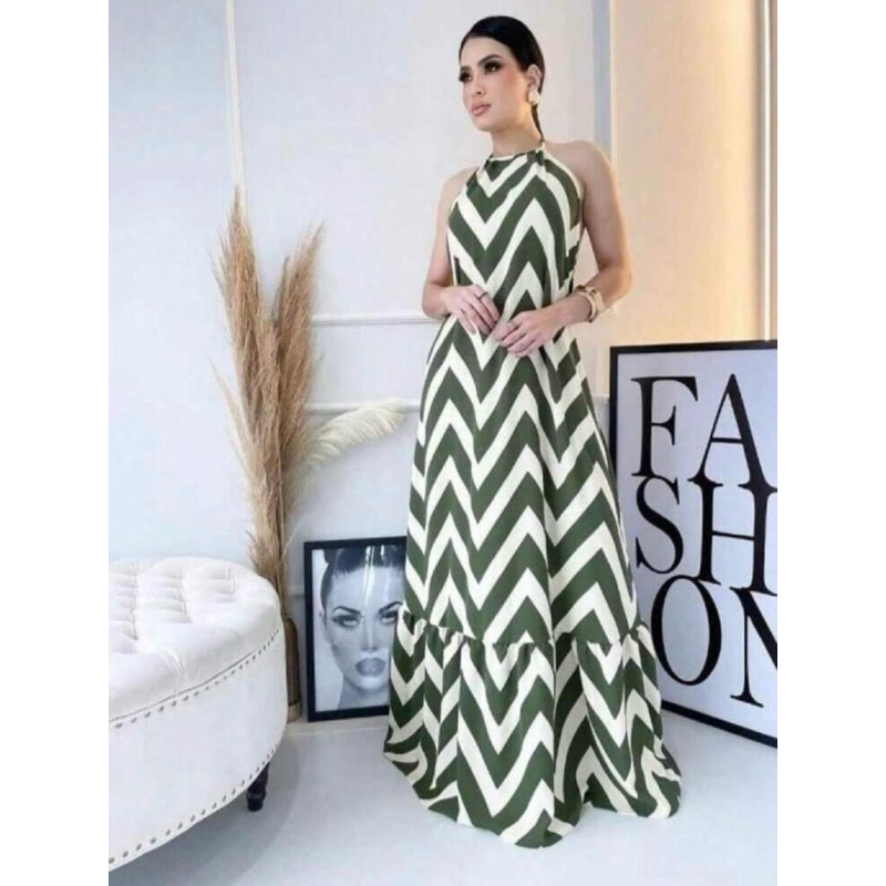Vestido Feminino Zig Zag Longo Com Alça No Pescoço