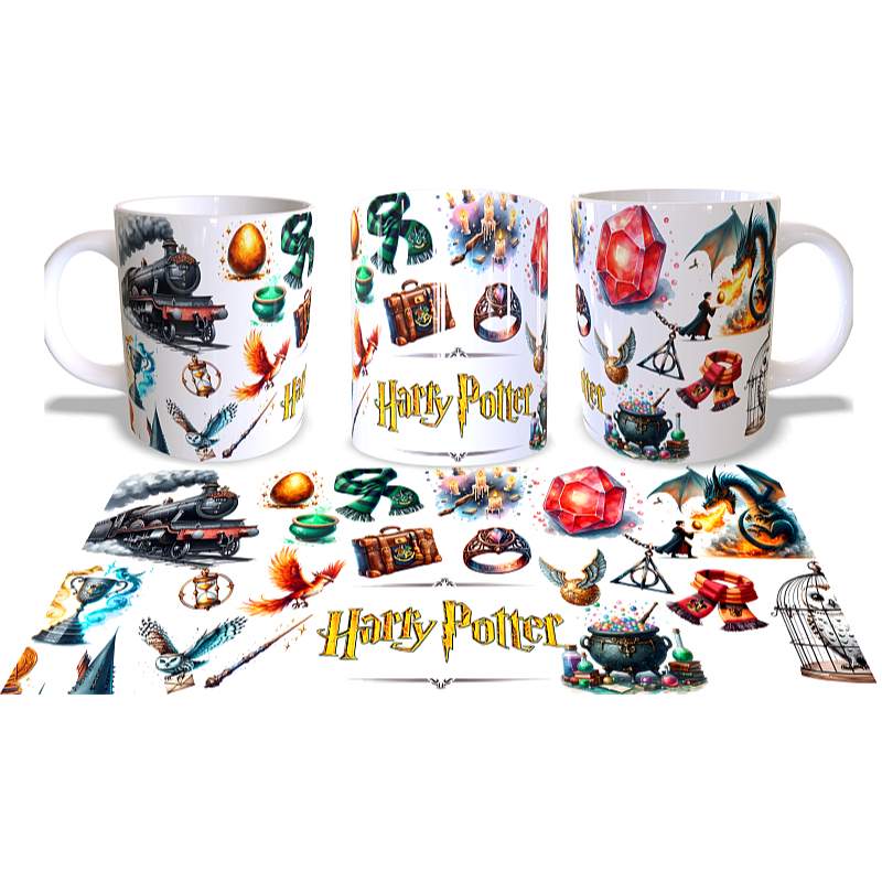 Caneca Porcelana 325ml Harry Potter Coruja Pomo de Ouro Dragão Pedra Filosofal