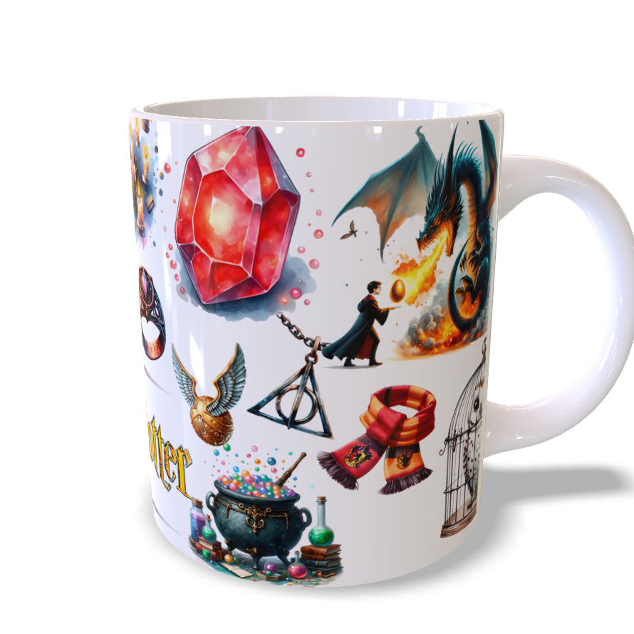Caneca Porcelana Harry Potter Coruja Pomo de Ouro Dragão Pedra Filosofal Fenix