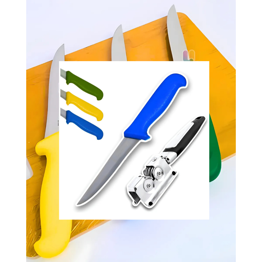 KIT FACA DESOSSA AZUL AÇO INOX + AMOLADOR AFIADOR DE FACA AÇO INOX