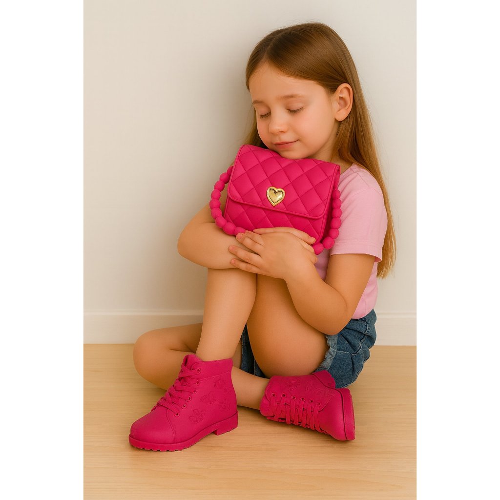 Conjunto Botinha + Bolsinha Kids Infantil Feminina - Rosa, Pink e Preto