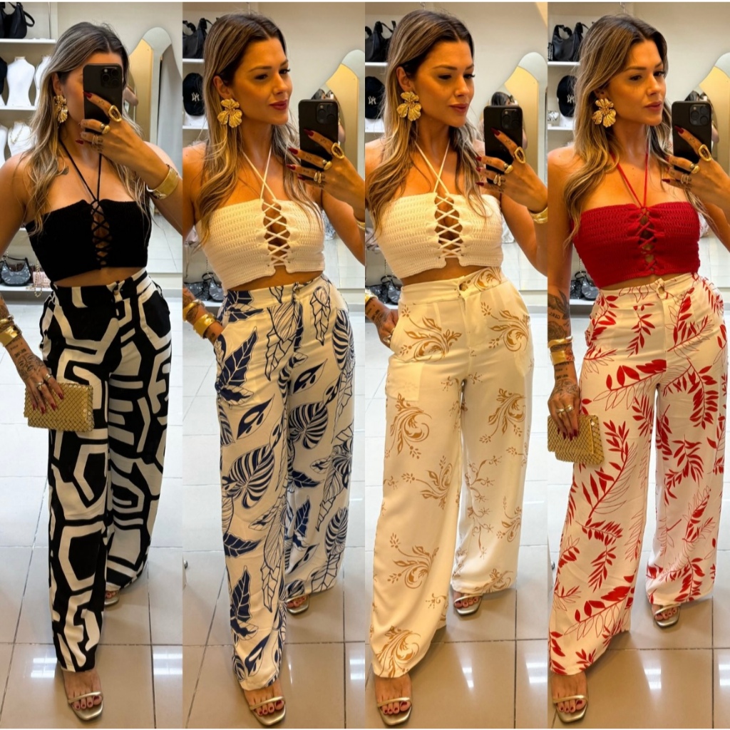 Calca Pantalona Estampada duna com ziper e botao em Oferta na Shopee