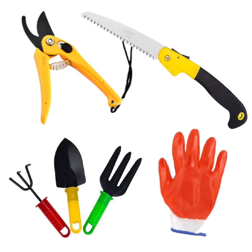 Kit Jardinagem Cultivo Paisagismo Poda Tesoura mais Serra Dobrável, Luva, Rastelo, Pá, Garfo de Ferro Galhos Plantas