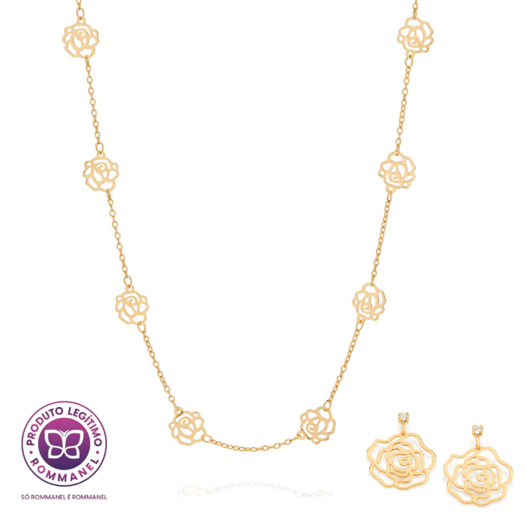 Kit Presente Feminino Colar + Brincos Rosas Vazadas Rommanel Banhado A Ouro 18k