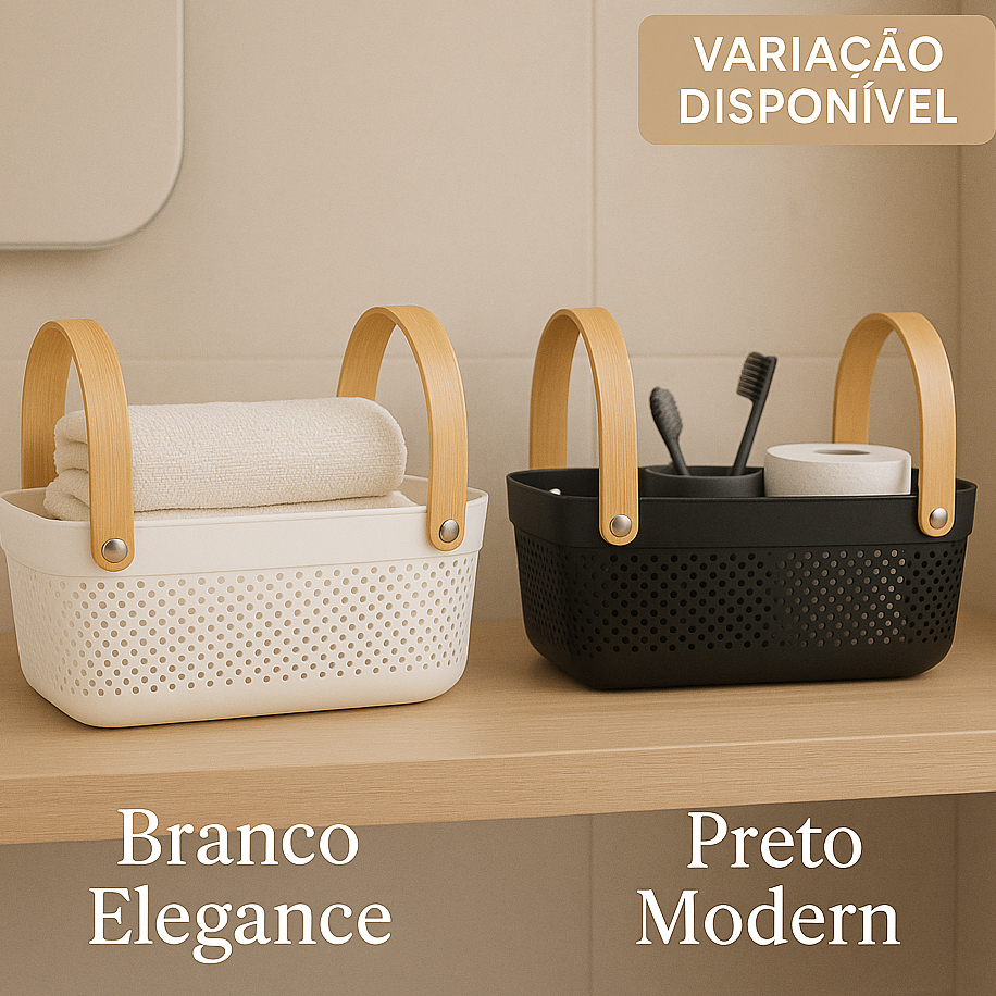 ✅ Cesto Multiuso com Alça de Bambu | Organizador Elegante para Banheiro, Cozinha ou Lavand...