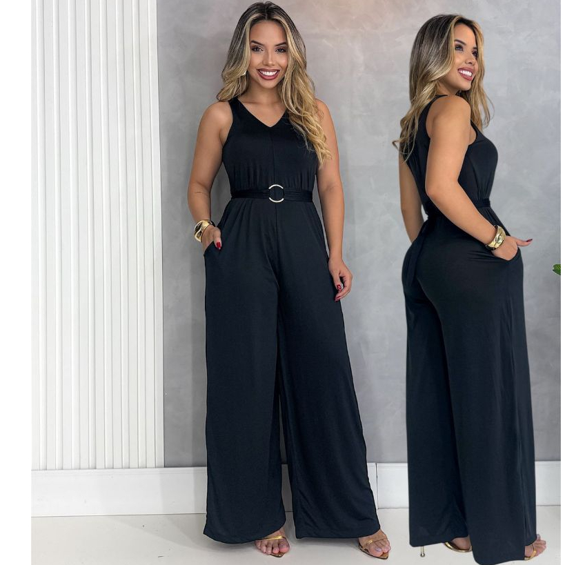 Macacão  Elegante Pantalona Com Cinto De Fivela Dourada No Suplex E Vestido Com Manga Tamanhos Ate 46