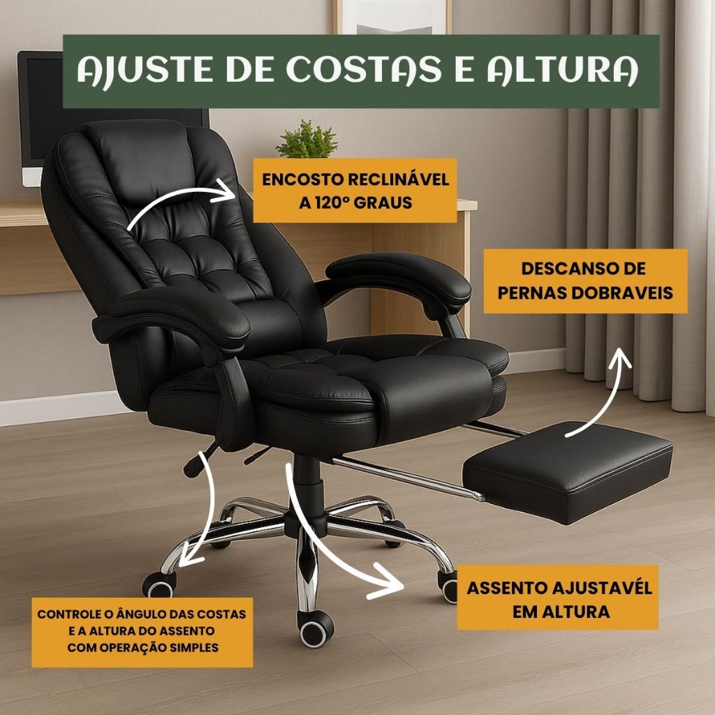 Cadeira Escritório Itália Presidente Couro Sintético Encosto Ajustável Com Trava Apoio Pés LuvinCo — imagem 2 de 2