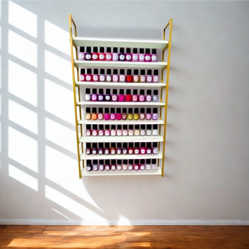 Expositor de Esmaltes 60cm 8 Prateleiras Estilo Industrial Ferro MDF Para Salão Manicure Parede