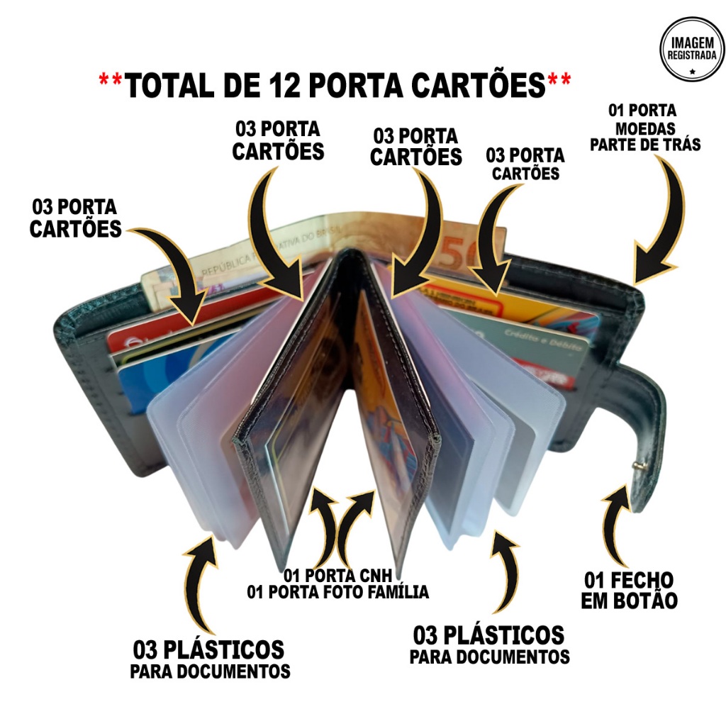 carteira masculina couro 100% Legitimo com fecho botão pressão a mais completa do mercado preta