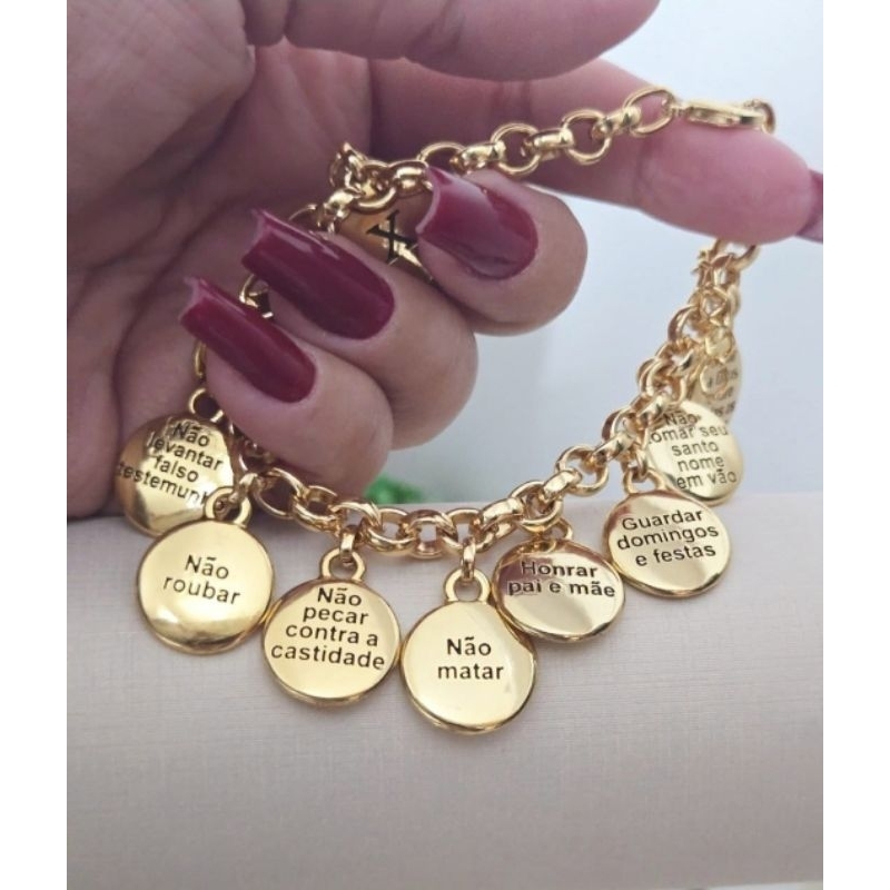 Pulseira Dez Mandamentos Berloques Banho em ouro 18K Semijoia