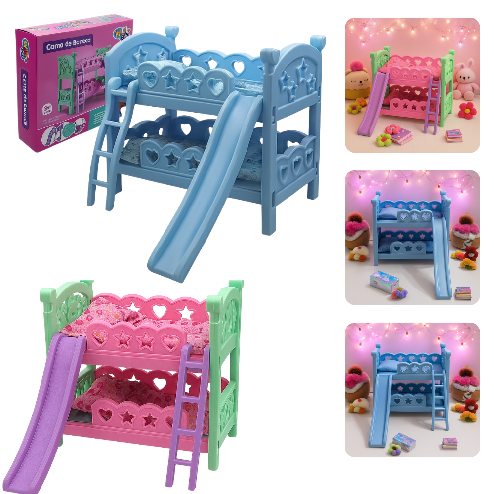 Brinquedo Berço de Boneca Beliche Escorregador  Criança Infantil Menina Educativo Fácil Montagem Colchão Estampado