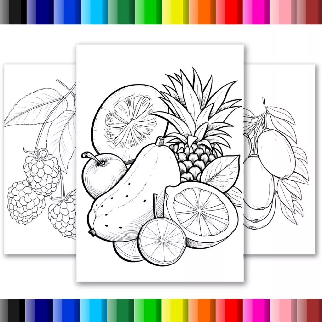 Kit Desenhos para colorir Frutas e legumes- 50 Folhas soltas A4 em Oferta na Shopee