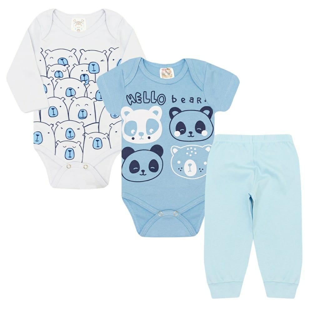 Kit Body Roupa para Bebê Kit 3 Peças Longo Menino Inverno/Verão Panda Azul Elegante