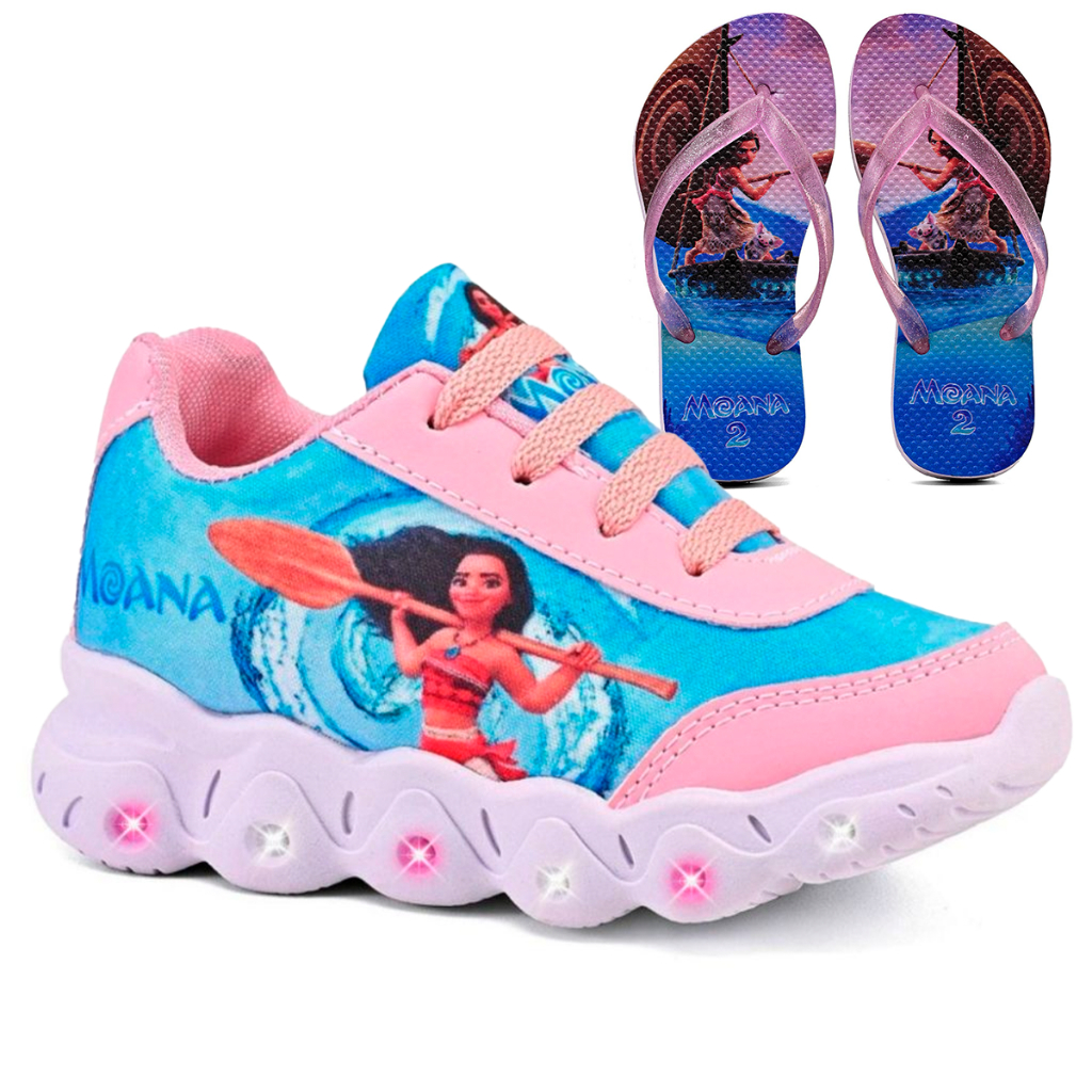 Kit Tênis Infantil Menina Moana Com Led + Chinelo Infantil