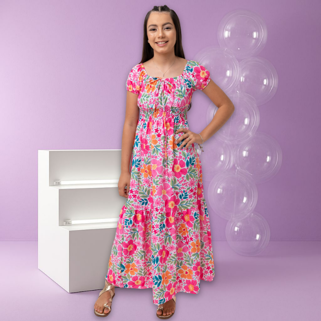 Vestido Infantil Longo Floral Lastex Menina Moda Verão Juvenil Premium Tamanho 2 /14 Anos Ciganinha