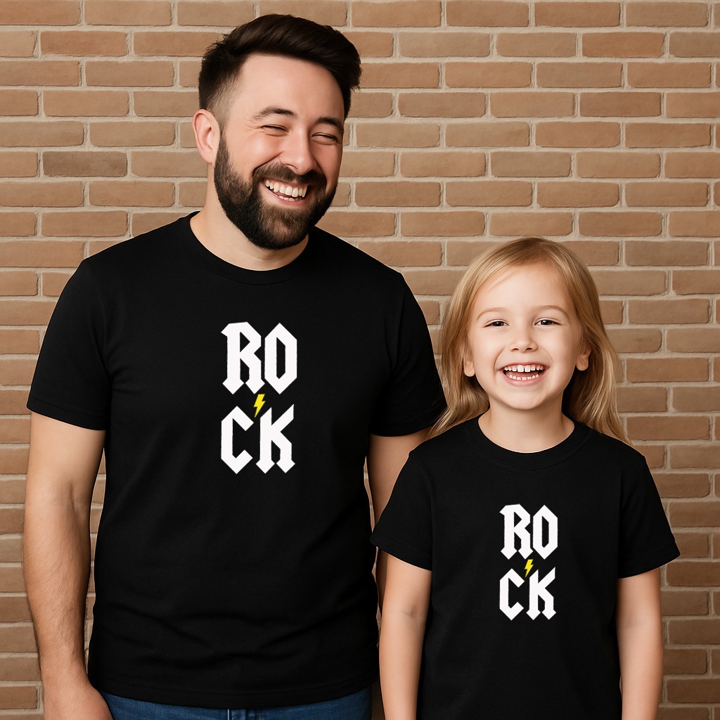 Kit Camiseta Pai e Filha Homenagem Estampada Rock Escrito Letra AC DC Dia Dos Pais 100% Algodão Premium