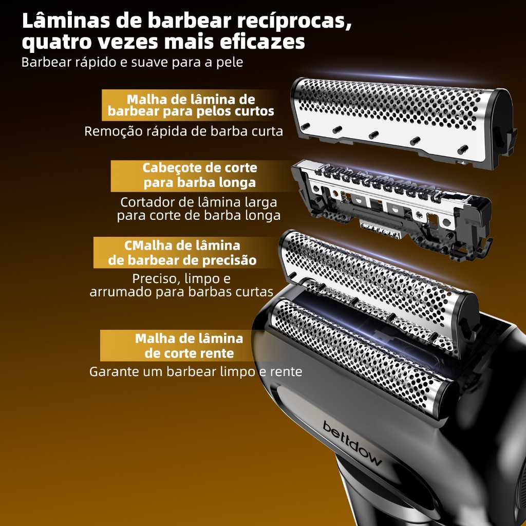Detalhes do Mini Barbeador Portátil Bettdow USB 4 Lâminas 6800rpm IPX7 À Prova D'Água