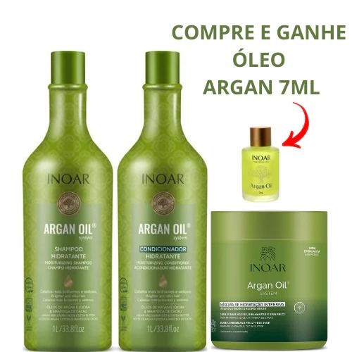 Inoar Kit Argan Oil Shampoo e Condicionador 2x1 Litro  + Máscara 500g  Kit Inoar Argan Oil System (3 Produtos