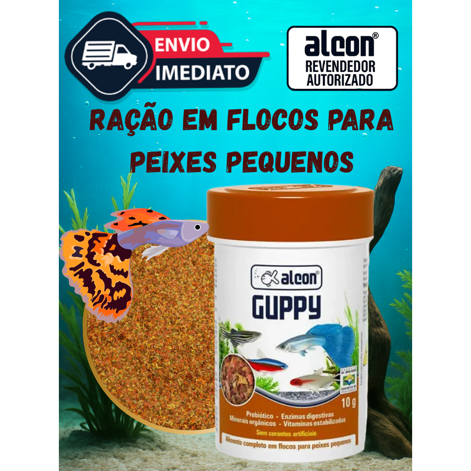 Ração Alcon Guppy 10g em Flocos - Peixe Pequeno Guppy, Tetra, Molinesia, Platy - Alimento Completo