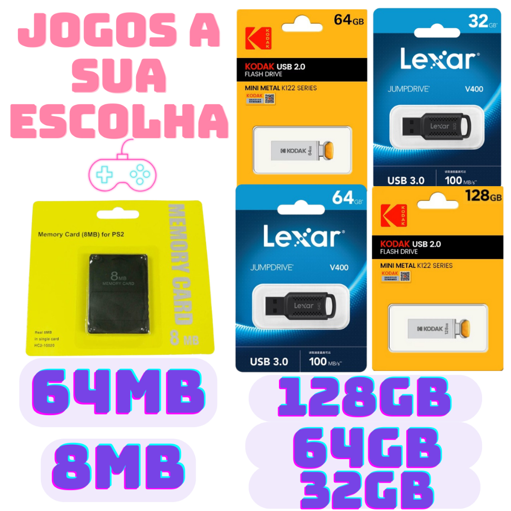 Kit Pendrive Lexar Kodak + Memory Card Ps2