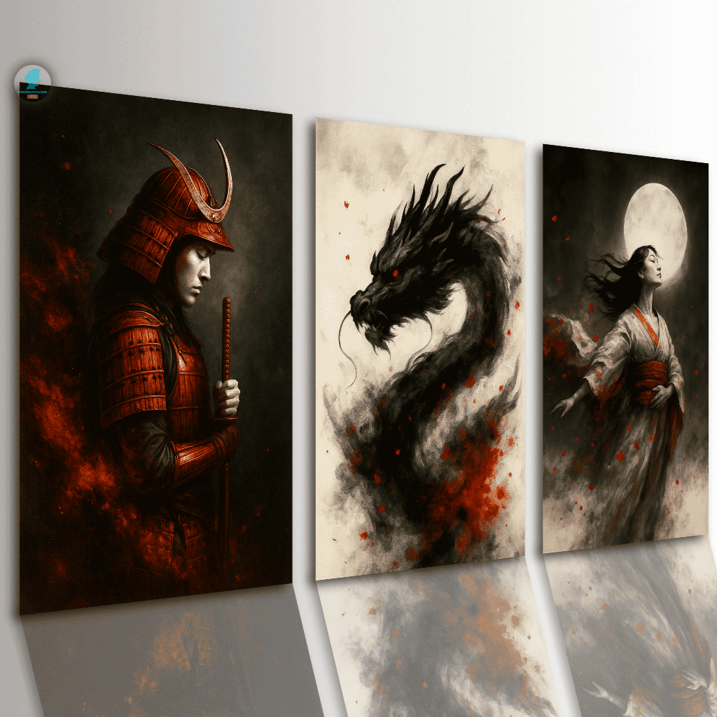 Quadros Decorativos Trio Oriental Samurai Dragão Arte Japonesa Sala Quarto