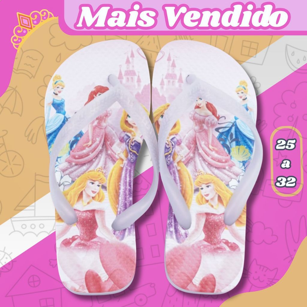 Chinelo Infantil Feminino Personagem Confortável Tira Resistente Antiderrapante Para o Dia a Dia