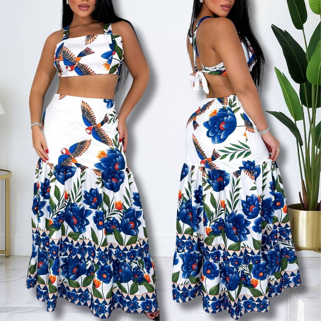 Conjunto Cropped de Alça e Saia Longa Feminino Estampa Floral – Tendência Verão em Oferta na Shopee