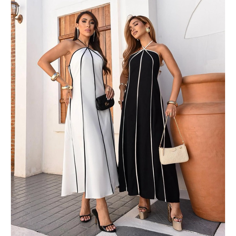 Vestido feminino longo Listrado Tomara que Caia amarração no pescoço tendência primavera verão em Oferta na Shopee