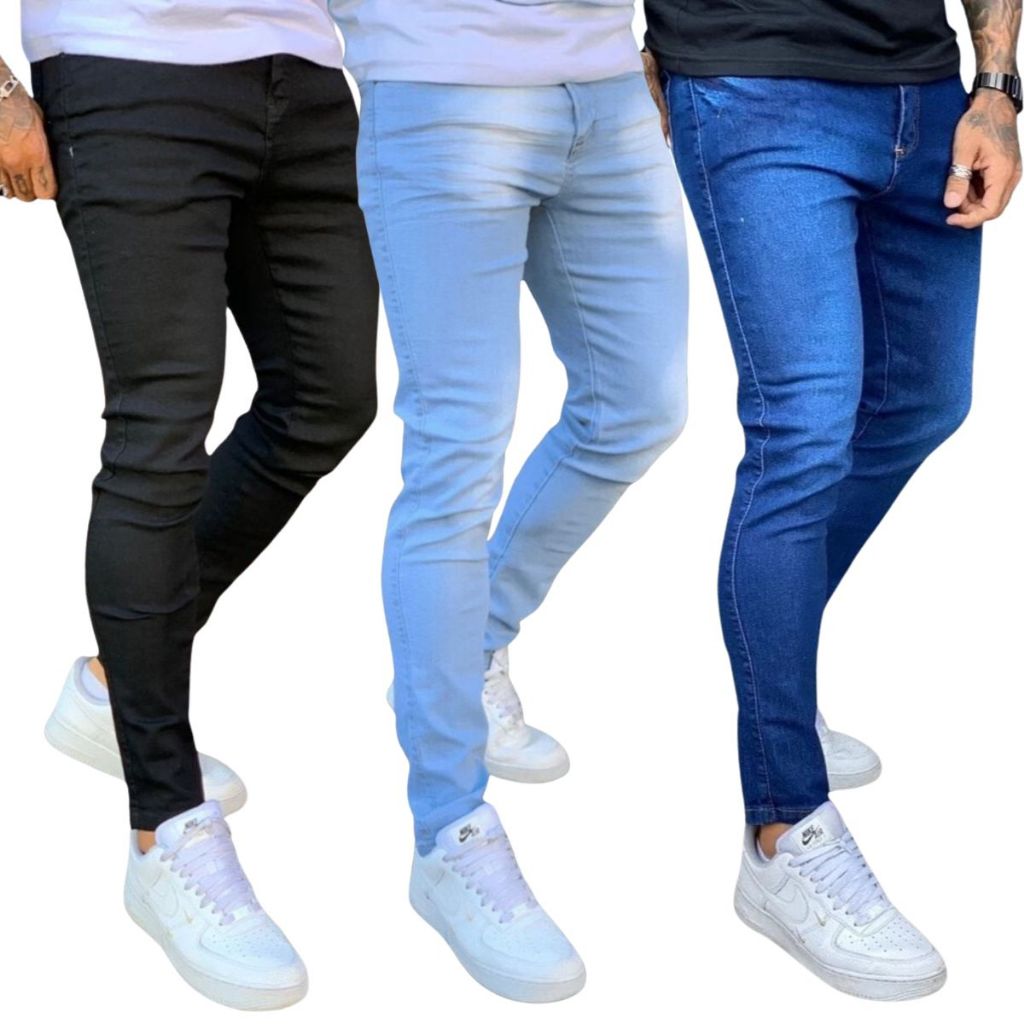Kit Com 3 Calças Jeans Masculina Premium Skinny Corte Tradicional Basico Com Lycra Lavagem Clara Escura Ou Preta Premium