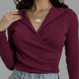 Blusa Cropped Elegante Canelada Transpassada Gola V tendência em Oferta na Shopee