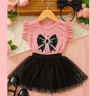 Conjunto Infantil Menina Blusa Laço Rosa + Short Saia Tule  – Look Fashion Primavera Verão em Oferta na Shopee