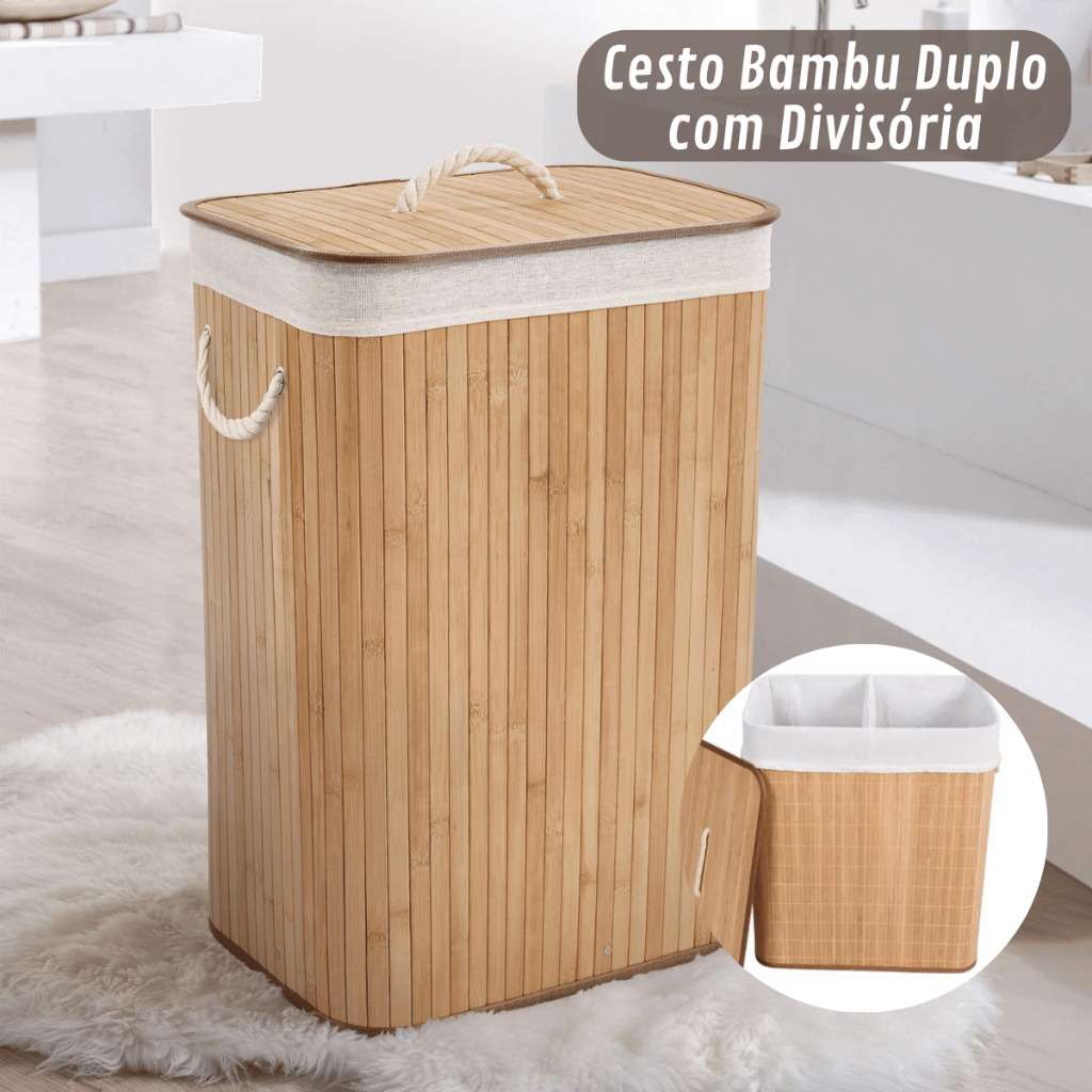 Cesto Bambu Organizador Duplo Multiuso Dobrável Compacto e Resistente para Roupa Suja Brinquedo