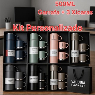 Kit Garrafa + 3 Xícaras Personalizados 500 ML Squeeze Térmica  Bebida quente e fria