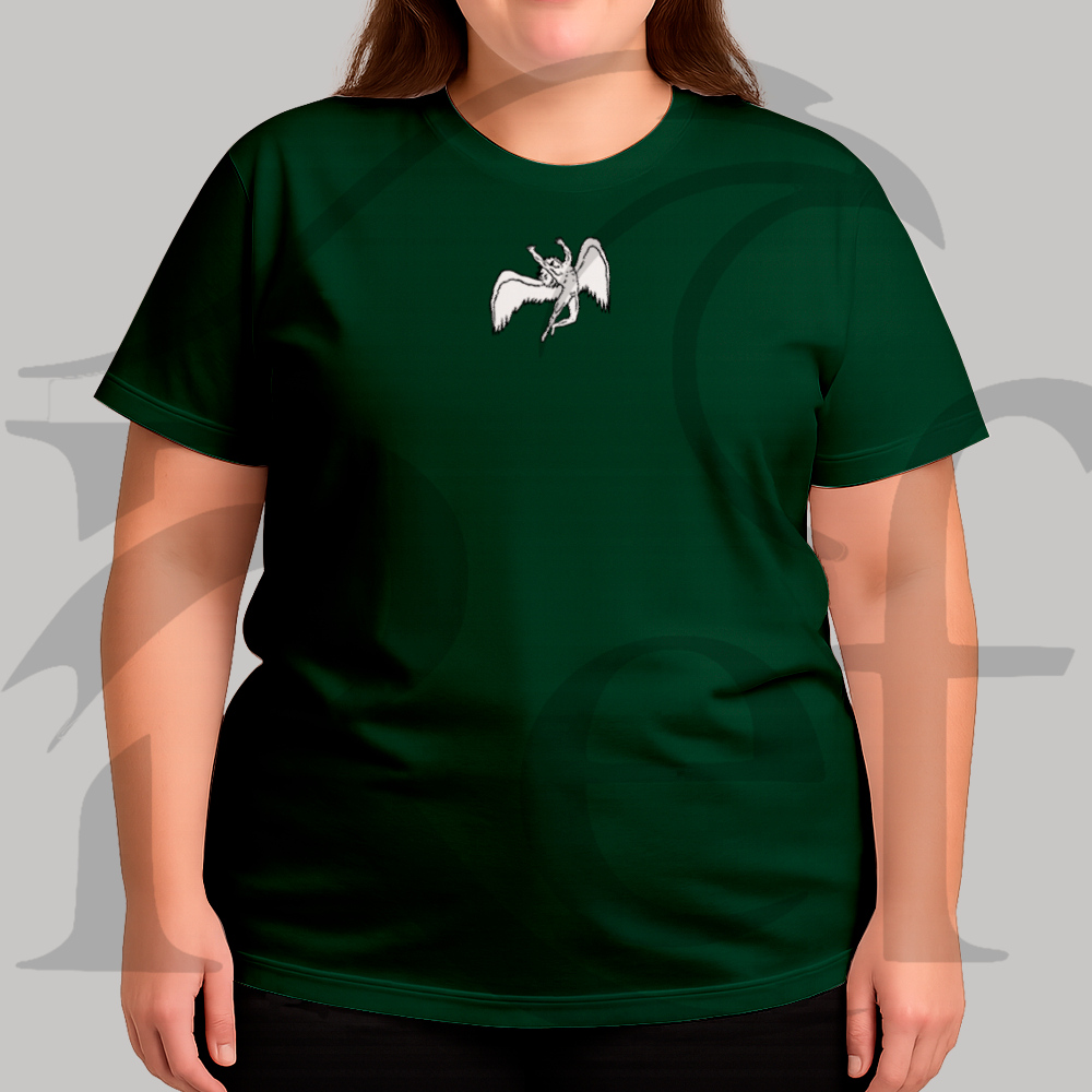 Camiseta Camisa Plus Size Feminina Streetwear Led Zeppelin Anjo Malha Penteada Algodão Premium Frente e Costas