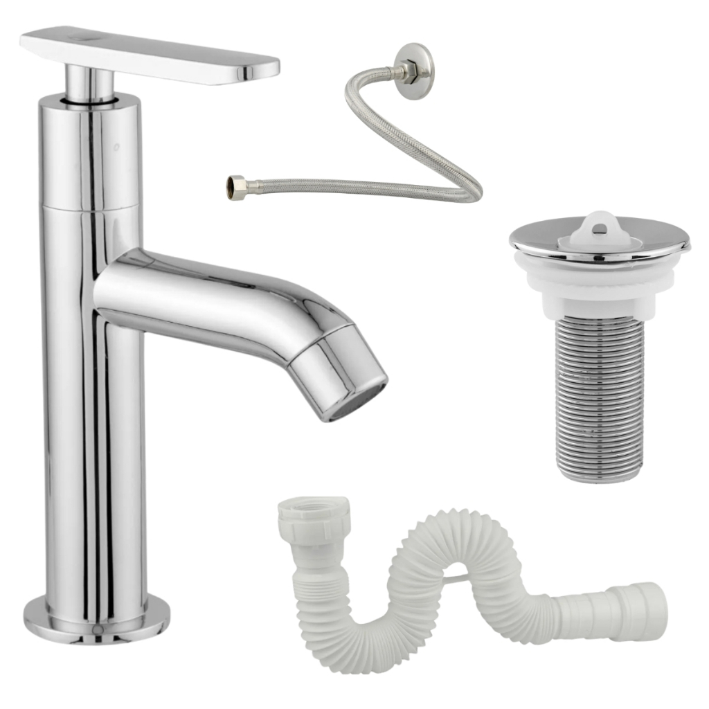 Torneira Pia de Banheiro Lavabo Cromada Abs C/ Valvula Ralo7/8 + Engate Flexível