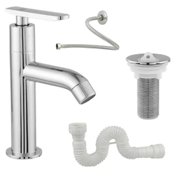 Torneira Pia de Banheiro Lavabo Cromada Abs C/ Valvula Ralo7/8 + Engate Flexível + Sifão Branco 70cm