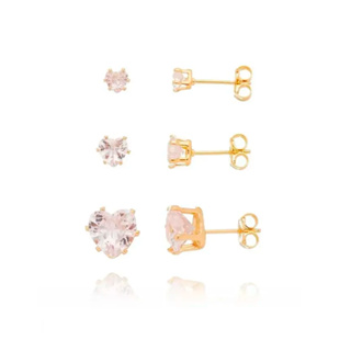 Trio de Brincos Coração Ponto de Luz Zircônia Banhado a Ouro 18K - Semi Joia de Luxo (BR 2511) em Oferta na Shopee