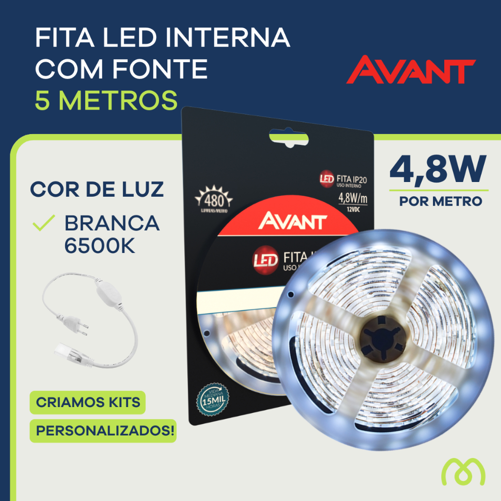 Fita LED Interna 5 metros 6500K 4,8 W/m IP20 110V 220V Bivolt C Fonte Kit Completo Branco Frio Avant em Oferta na Shopee