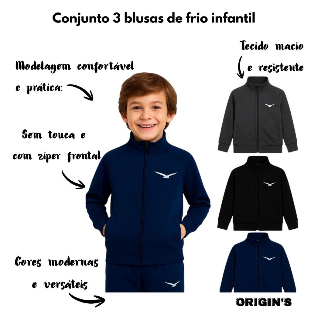 kit com 3 Blusa de Frio Infantil  3 Cores Diferente Com Bolsos em Oferta na Shopee
