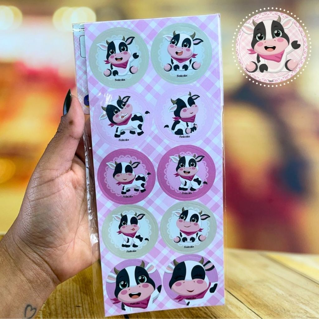 30~150 ADESIVO VAQUINHA FAZENDINHA ROSA REDONDO FESTCOLOR em Oferta na Shopee